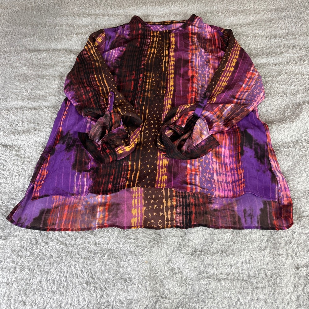 a.n.a A New Approach Purple Abstract Tie Dye Roll Tab Sleeve Blouse Large